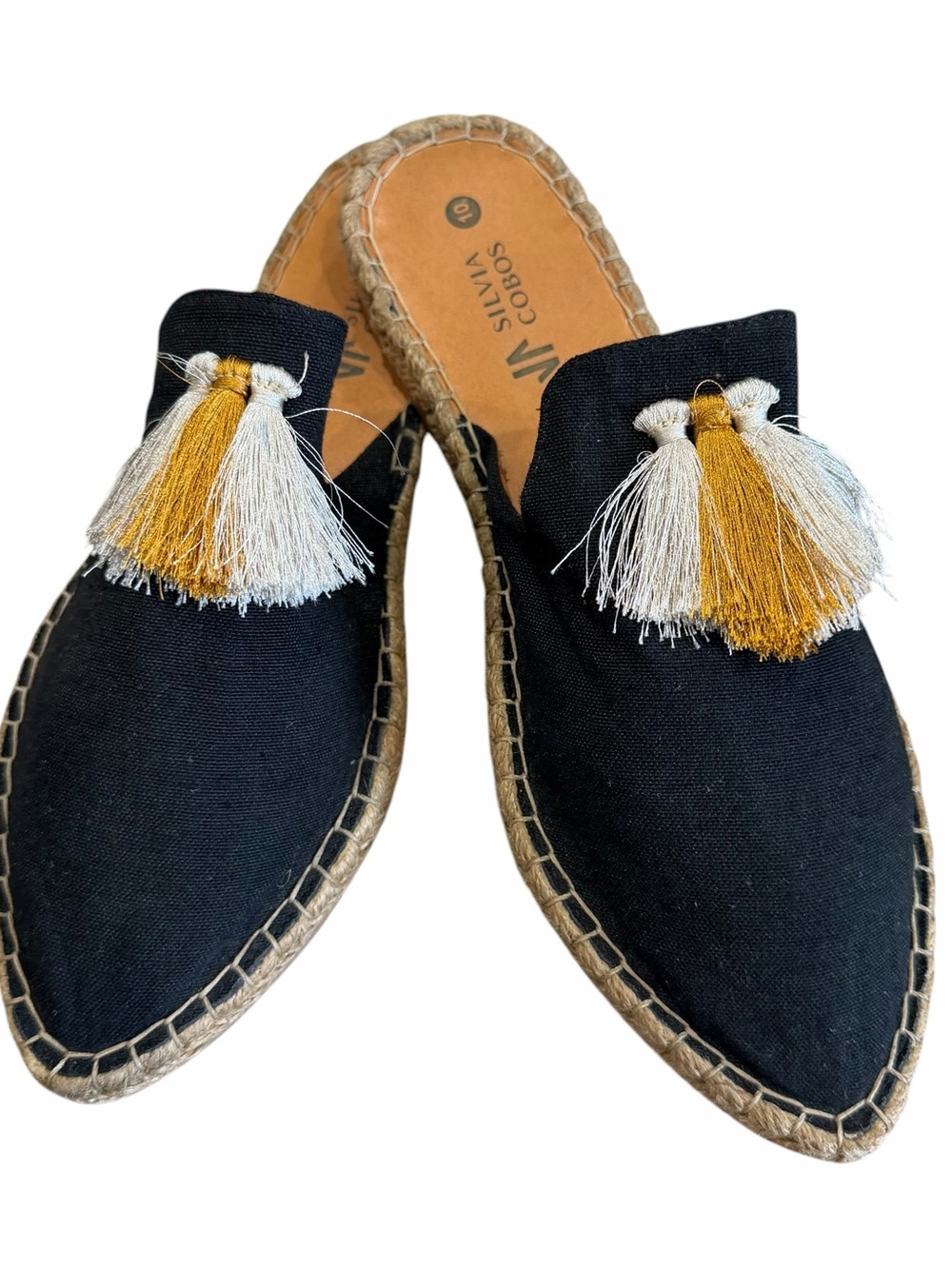 Silvia Cobos Sunrise Mules Size 10 Black Slip On Espadrille Flats Sandals Fringe
